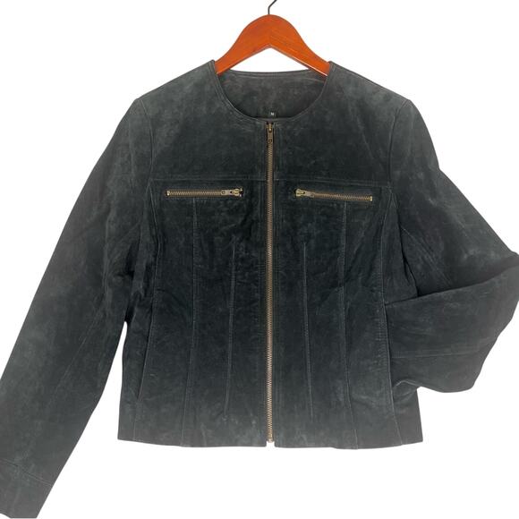 Vintage Suede Cropped Lady Jacket Womens Medium Dark Grey Green Fitted Fall - Picture 6 of 10